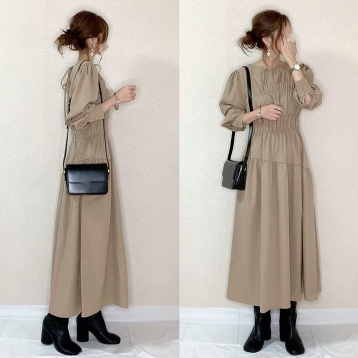 Spring Style Solid Color Long Sleeve Dress Skirt Long Dresses