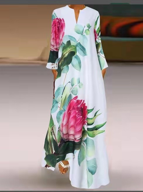 Spring Women's Sundress Bohemian Printed Long Dress Casual Long-sleeved Vacation Robe