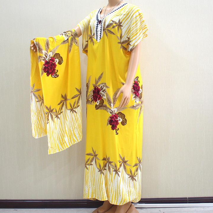 Embroidery Applique African Plus Size Dress Short Sleeve Printed Maxi With Headscarf Long Dresses