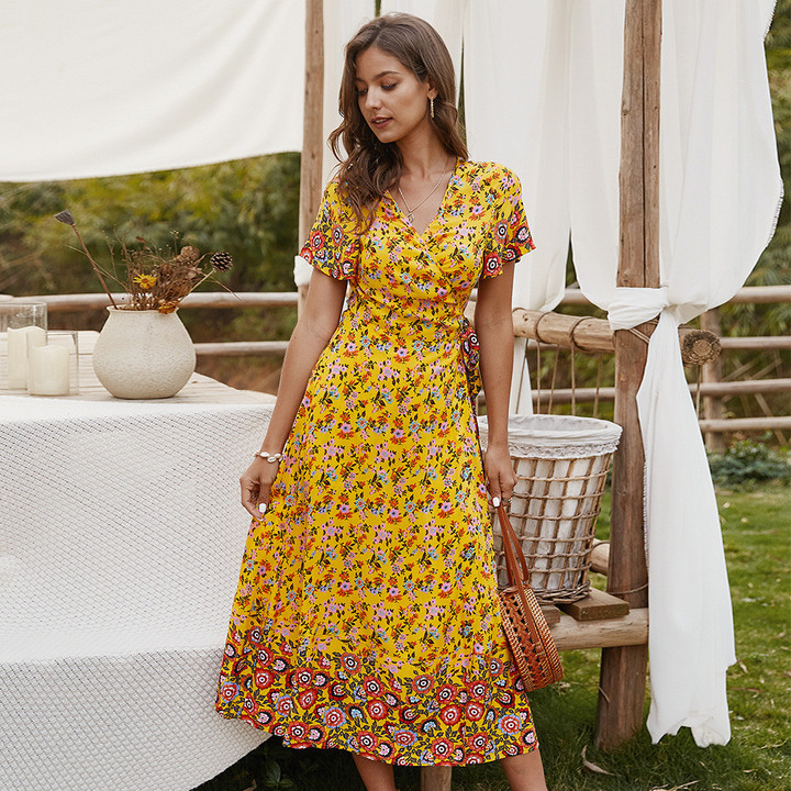 Design Women's Summer Bohemian Style Light Yellow Floral Long Dress