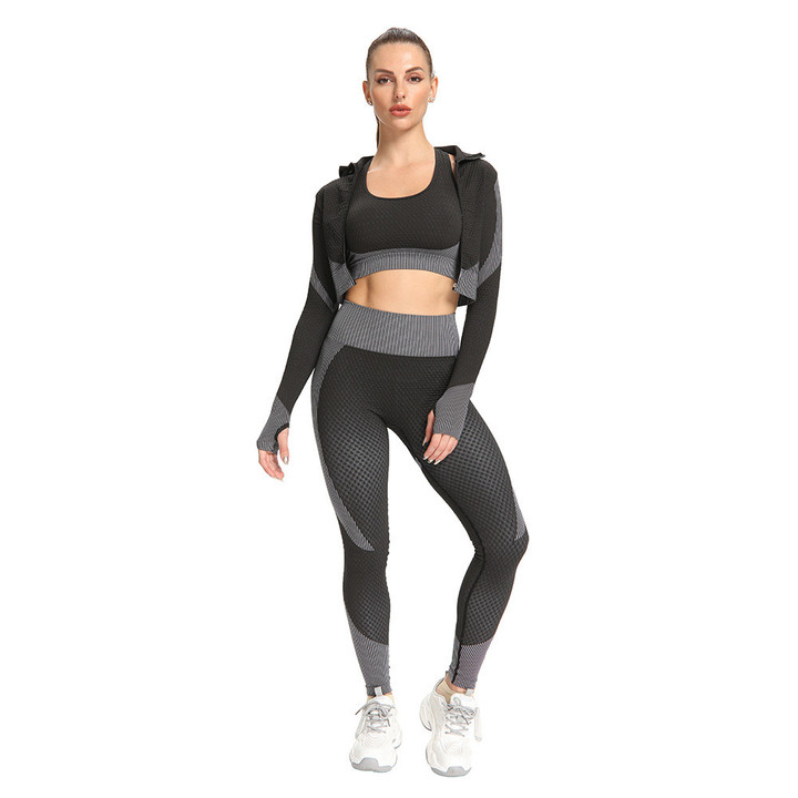 High Elastic Long-sleeve Zipper Tight Seamless Three-piece Sweat Sports Workout Bra Yoga Pants Bottoms