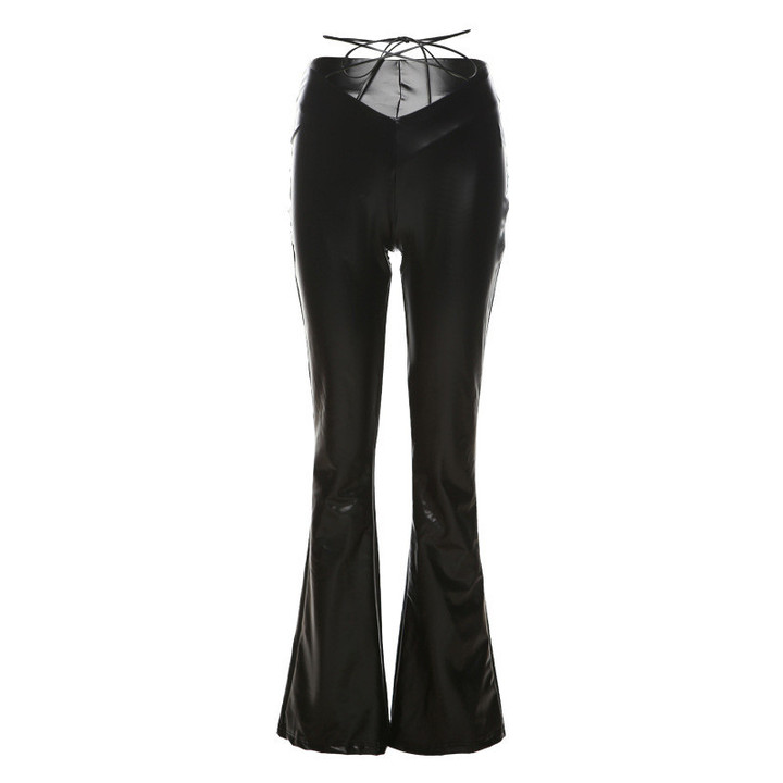 Autumn Fashion Women's Clothing High Waist Straight Wide Leg Tied Slim Fit Leather Casual Pants Bottoms