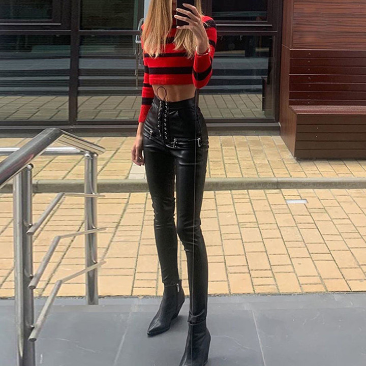 Black Skinny Trousers Sexy Leather Pants High Waist With Straps Bottoms