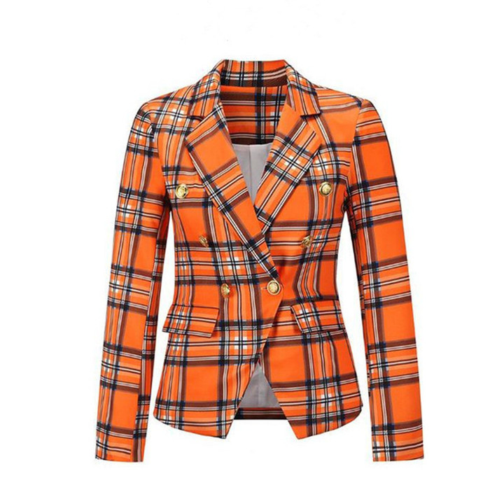 Double Breasted Long Sleeve Fashion Plaid Printed Small Suit Jacket For Women Blazers