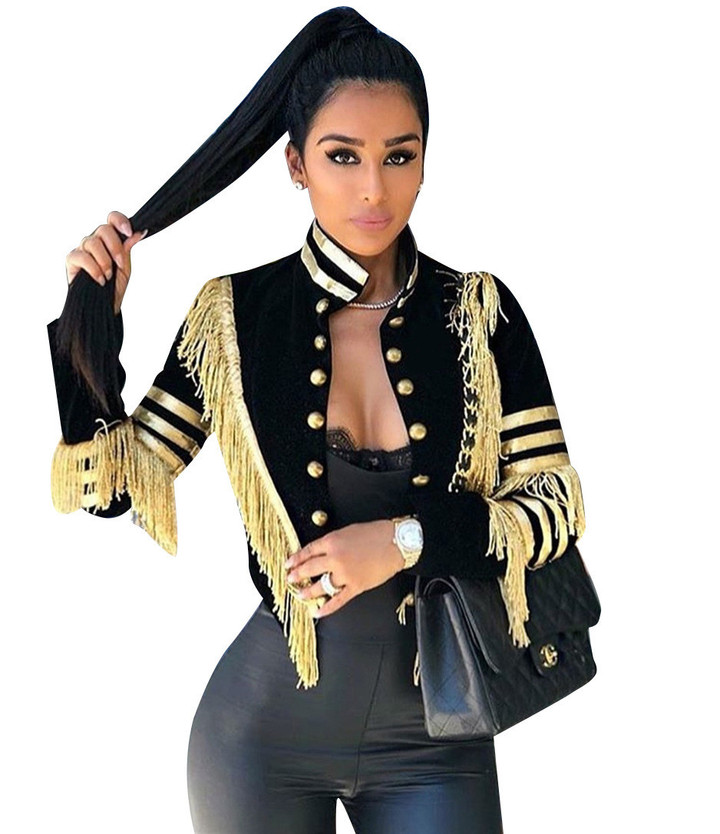 Fashion Stitching Tassel Short Long Sleeve Suit Army Collar Double Breasted Coat Blazers