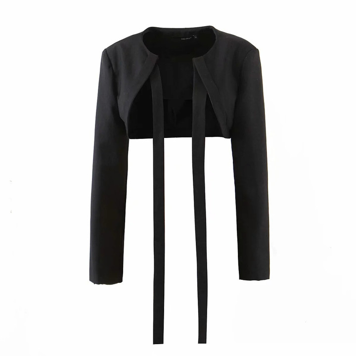 Fashion Women's Wear Early Autumn Personality Ultra Short Streamer Long Sleeve High Waist All-matching Suit Jacket Blazers