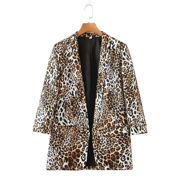 Autumn Women Clothing Street Fashion Leopard Cuff Pleating Blazer