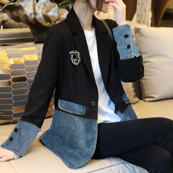 Denim Stitching Suit Jacket For Women Spring Korean Style Small Large Size Blazers