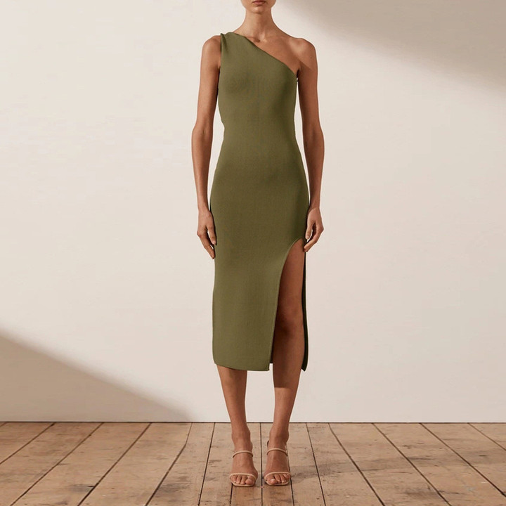 Women's Summer Sexy Oblique Shoulder Slim Fit Slit Knitted Dress Skinny Dresses