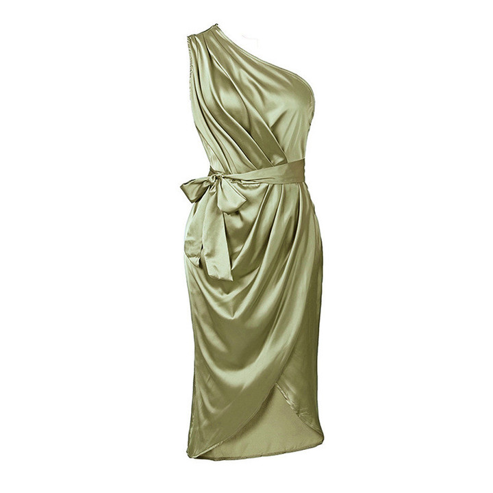 Oblique Shoulder Fashion Slim Fit Formal Dress Sexy Solid Color Waist Tight Crimp Side Open Skinny Dresses