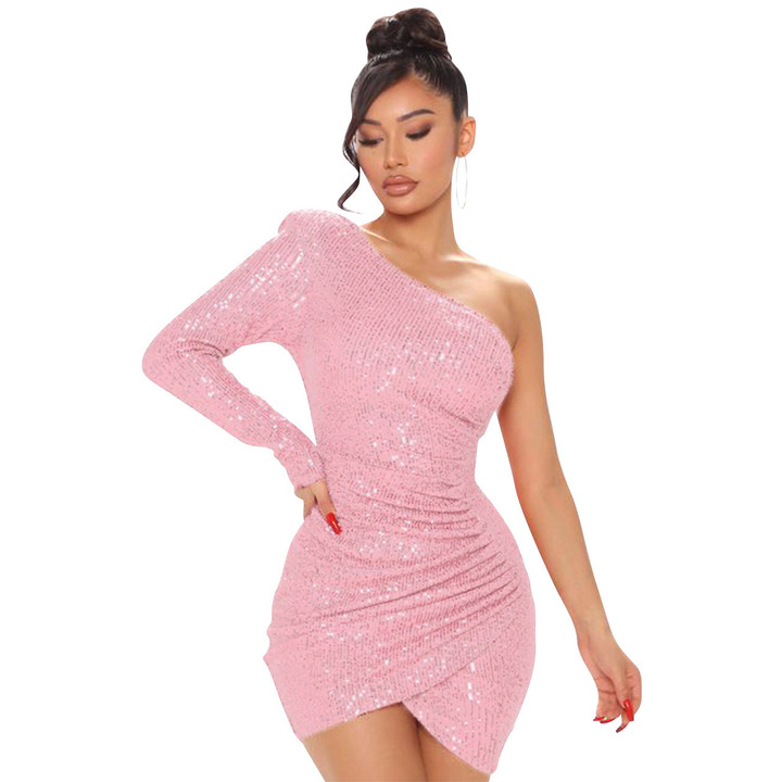 Women's Club Wear Sequined One-shoulder Slim-fit Sexy Dress Skinny Dresses