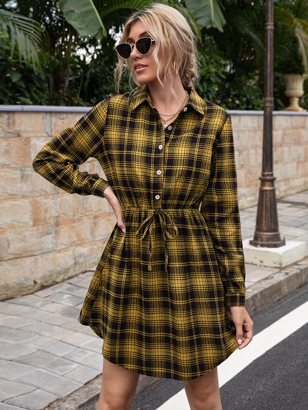 Leisure Mid-length Cinched Plaid Dress Top Shirt Women's Clothing Casual Dresses