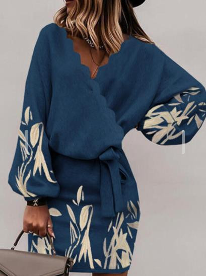 Printed Long Sleeve Batwing Tight Over-the-knee Casual Wrap Dress Casual Dresses