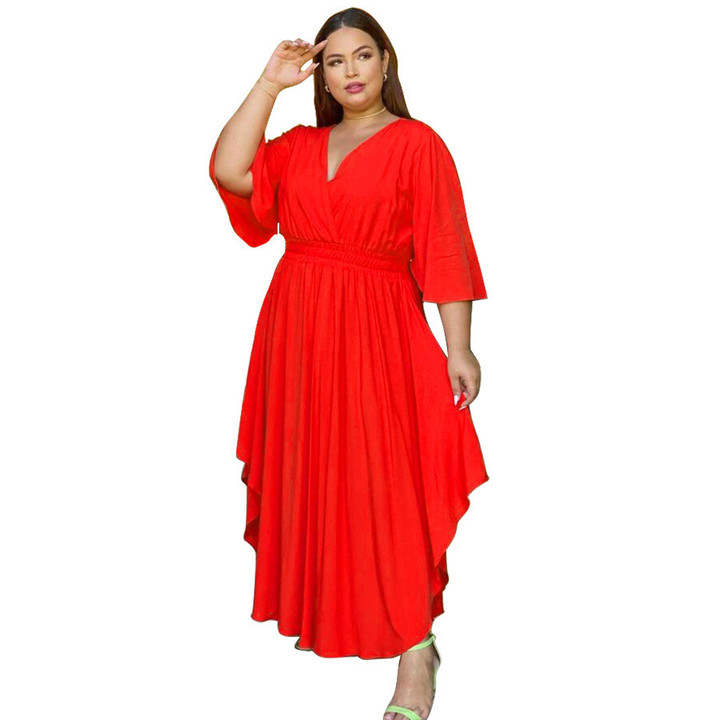 Women's Solid Color Casual Dress Flare Sleeve V-neck Cinched Swing