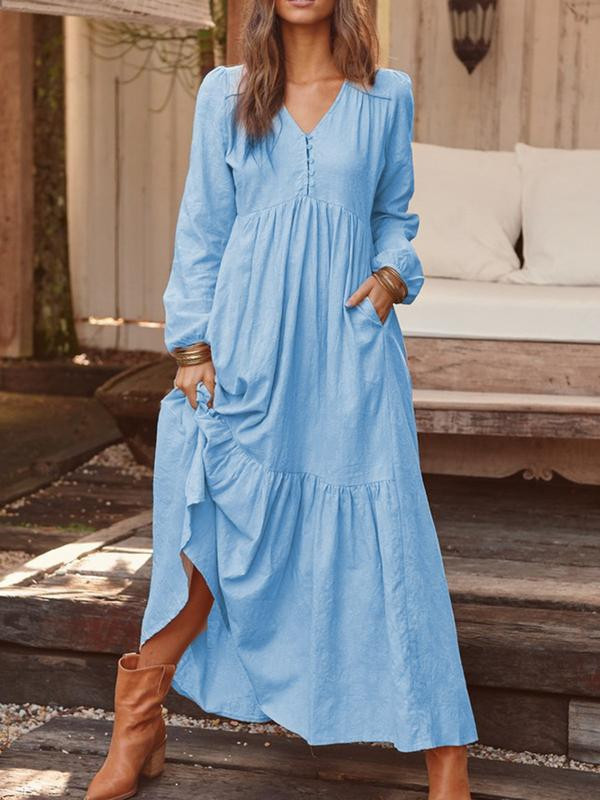 Women's Button Cotton And Linen Retro Casual Long-sleeved Dress Large Swing Multi-color Casual Dresses