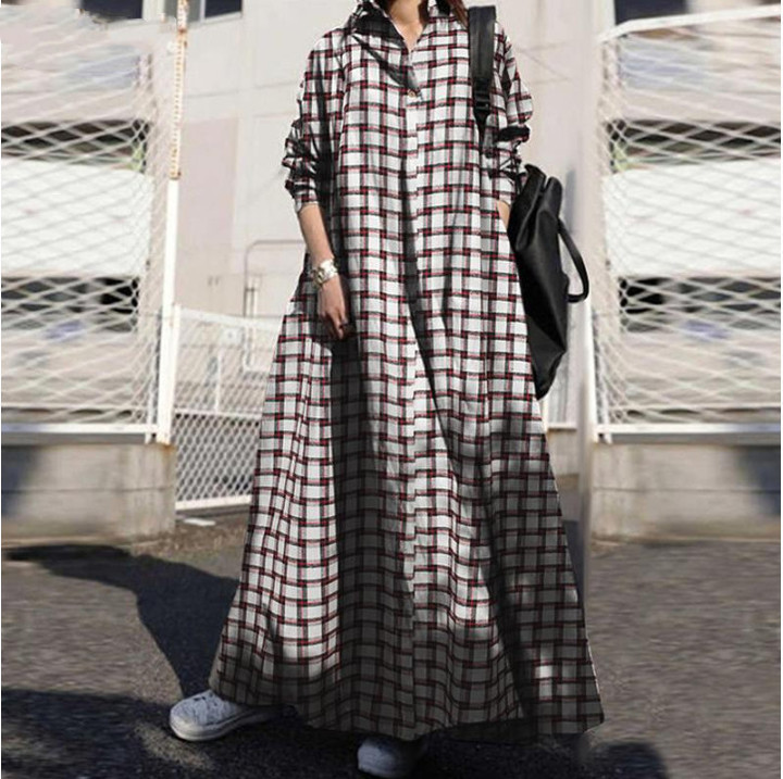 Large Size Women's Clothing Print Cotton Linen Retro Ethnic Style Loose Long Sleeve Big Hem Dress Casual Dresses