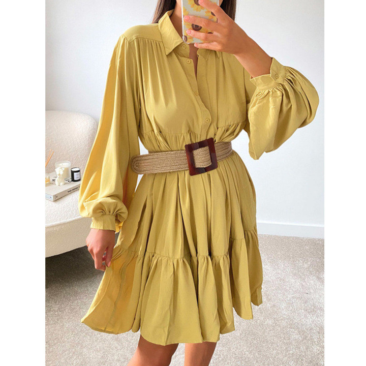 Women's Solid Color And V-neck Long-sleeved Casual Loose Jumpsuit Skirt Casual Dresses