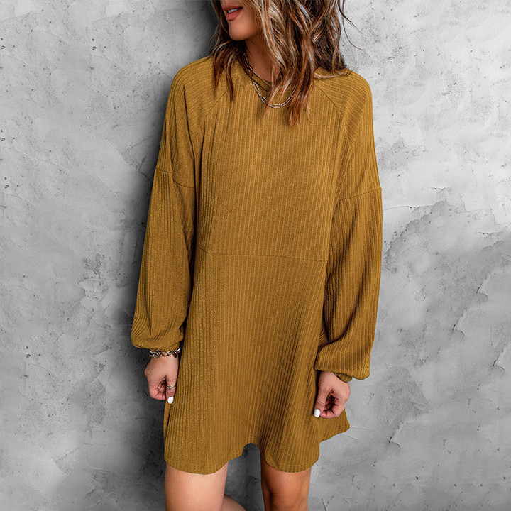 Solid Color Dress Women's Loose Round Neck Pullover Leisure Knee-length Skirt Casual Dresses