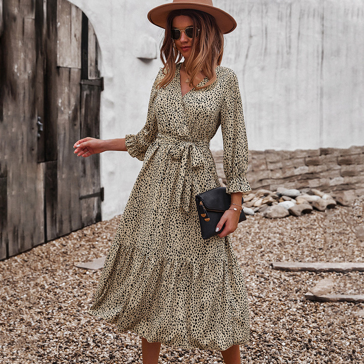 Casual Holiday Style Floral Print Long Sleeve Dress Large Swing Skirt Casual Dresses
