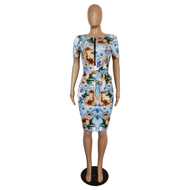 Women's Plus Size Dress Short Sleeve Zipper Business Women Digital Printing Casual Dresses