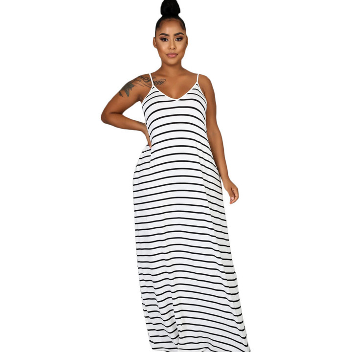 Strap Backless Striped Loose Dress Casual Dresses