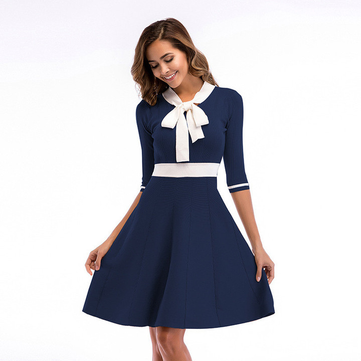 Women's Fashion Bowknot Mid-sleeve Knitted Elegant Dress Autumn Contrast Color Slim Fit A- Line Skirt Casual Dresses
