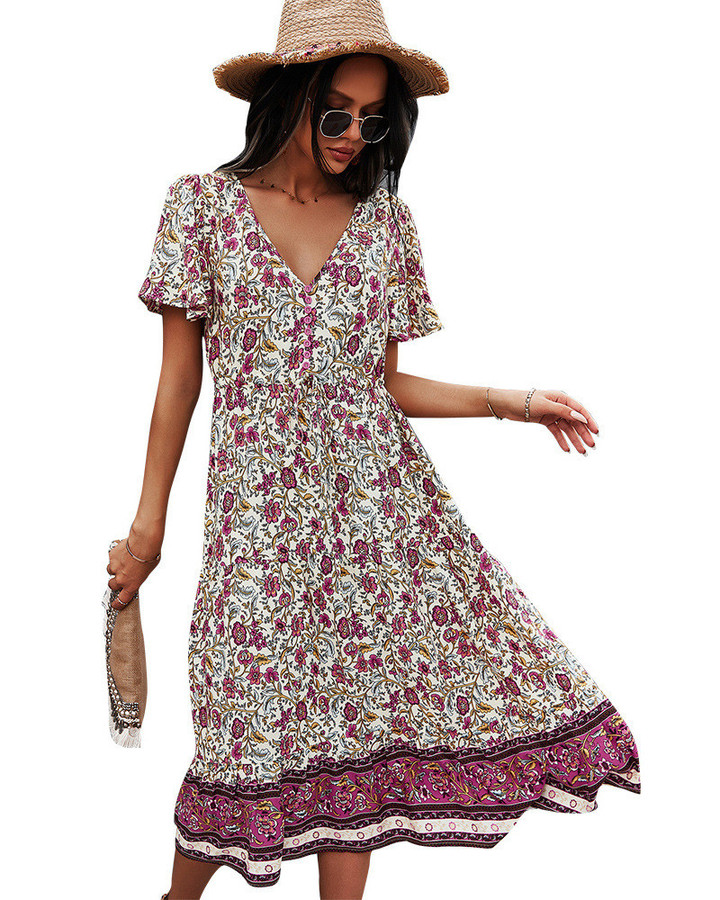 Printed Dress V-neck Short Sleeve Bohemian Style Floral Dresses
