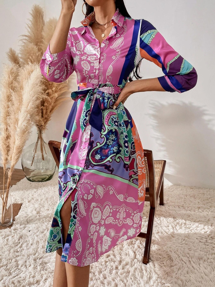 Women's Fashion Printed Lacing Mid-length Dress Floral Dresses