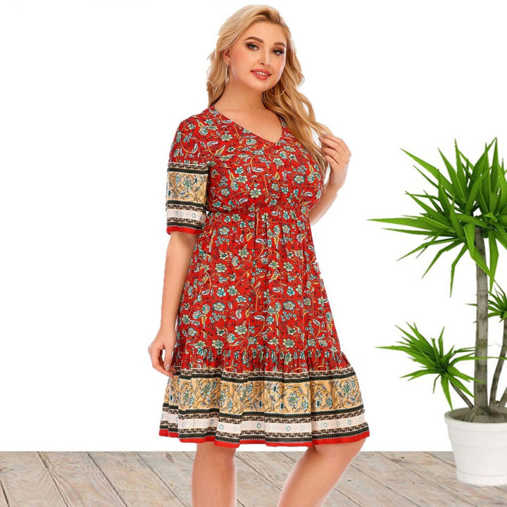 Summer Plus Size Women's Clothes Short Sleeve Printed Dress Floral Dresses