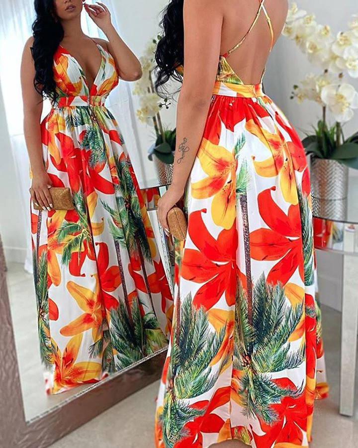 Printed Backless Sexy Large Swing Dress Women's Clothing Floral Dresses