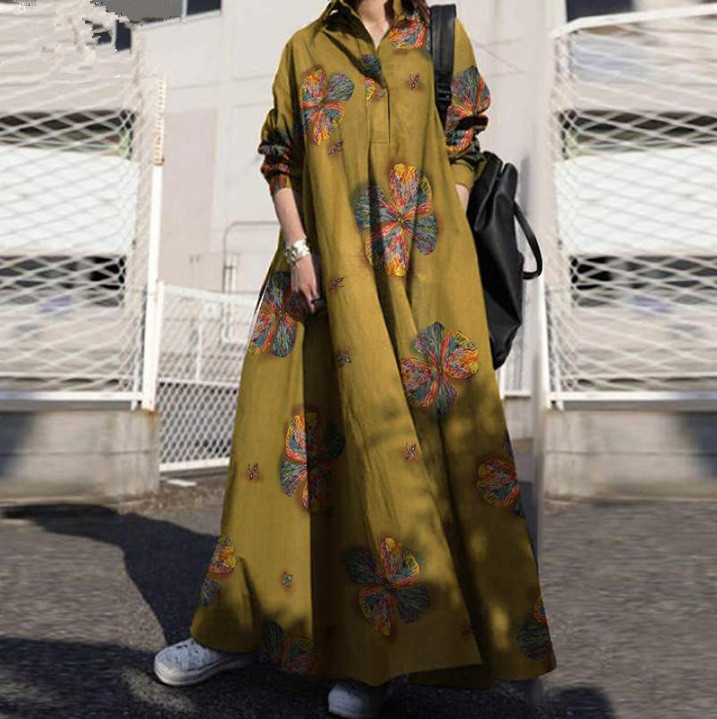 Autumn Print Cotton And Linen Retro Ethnic Style Loose Long Sleeve Big Hem Dress Floral Dresses