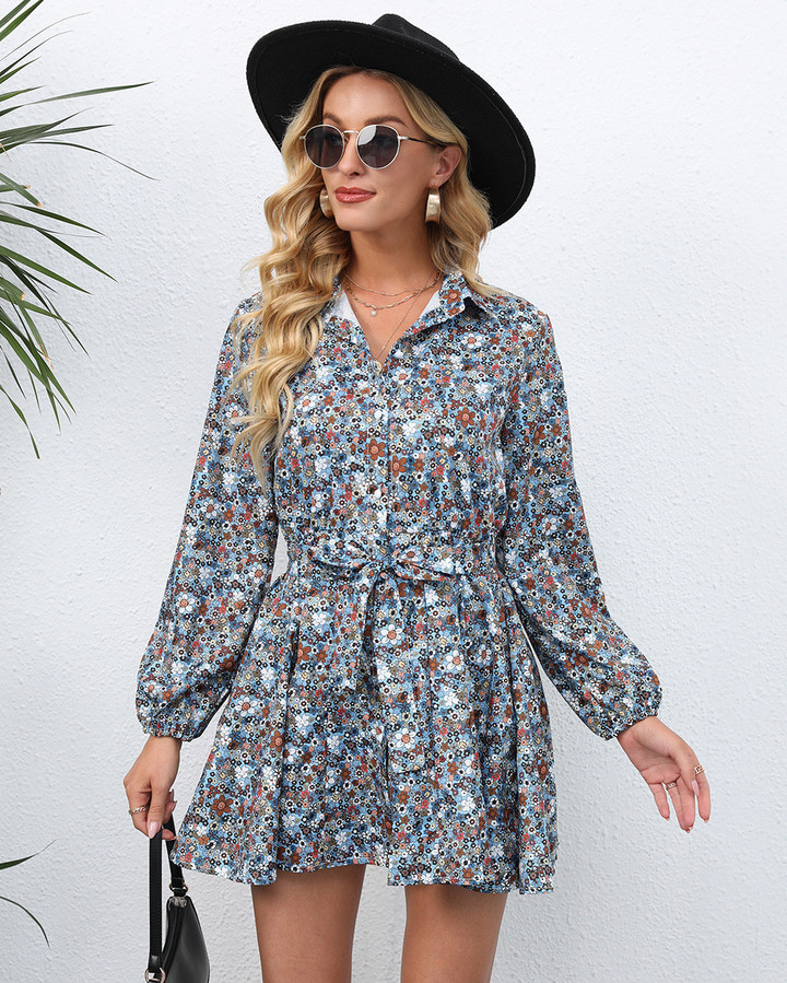 Women 's Printed Single-breasted Long Sleeve Dress Floral Dresses