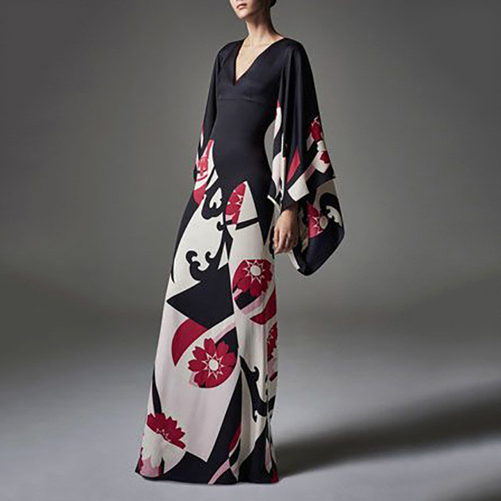 Fashion Women's Wear Printed V-neck Batwing Sleeve Long Dress Floral Dresses