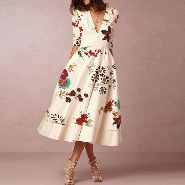 Women's Printed Elegant V-neck Dress A- Line Skirt Floral Dresses