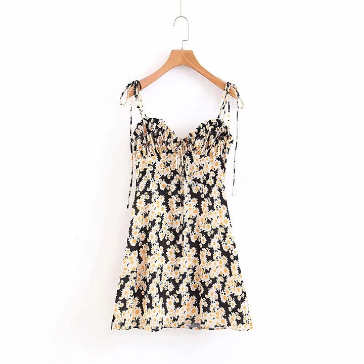 Street Shot Sexy Little Daisy Printed Suspender Dress Women 's Retro Easy Matching Floral Dresses
