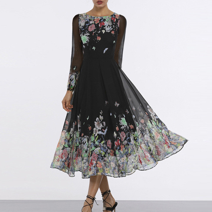 Dress Sexy Cutout Slim Fit Large Swing Long Sleeve Printed Midi Skirt Floral Dresses