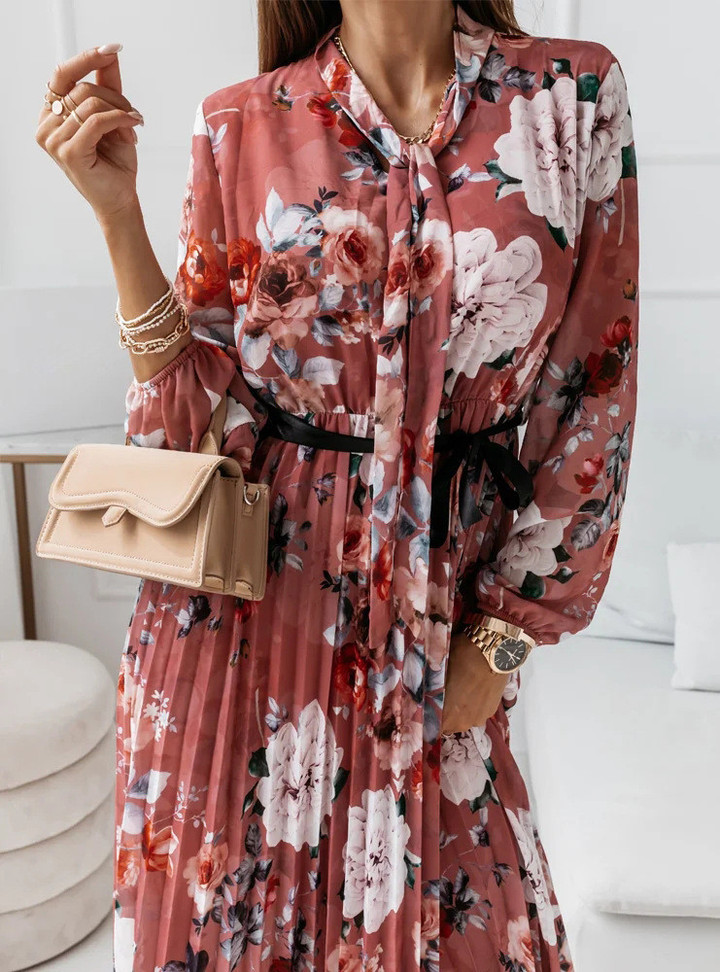 Elegant Chiffon Long-sleeved Printed Pleated Dress With Belt Floral Dresses