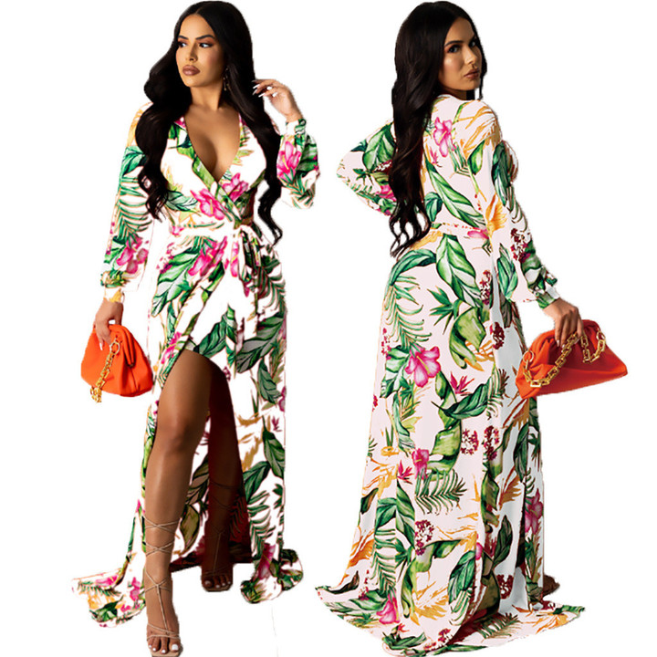 Sexy Fashion Digital Women's Printed Wear V-neck Dress Floral Dresses
