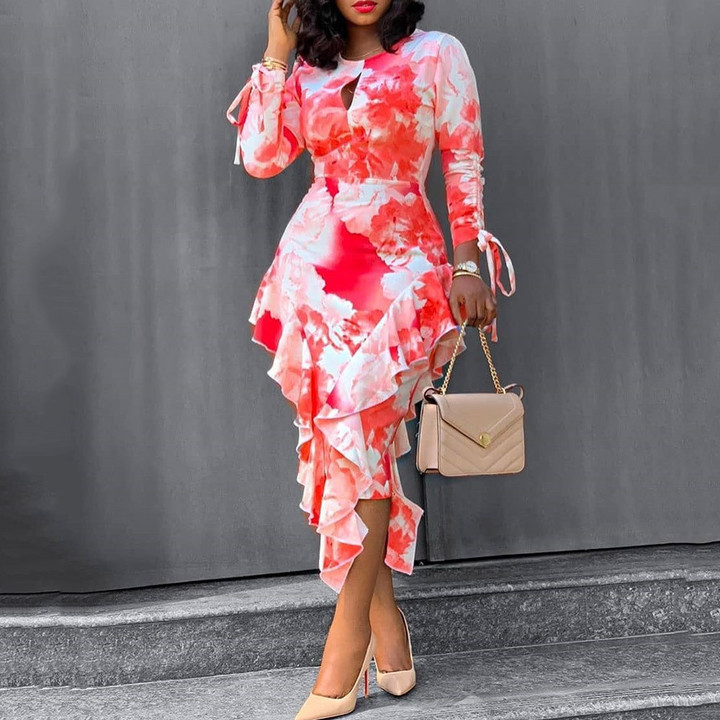 Spring Commuter Printed Ruffled Office Lady Sheath Skirt Floral Dresses