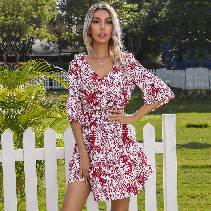 Autumn French Style Printed V-neck Lace-up Bell Sleeve Bottoming Dress Floral Dresses