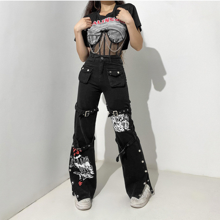Street Fashion Cool Style Early Autumn Design Printed Metal Buckle Denim Draped Pants Jeans