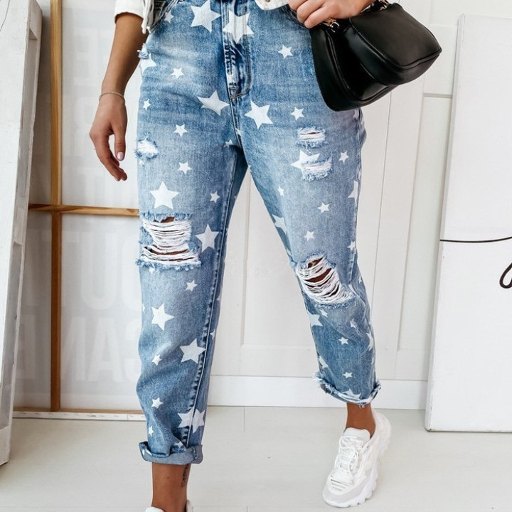 Jeans For Women Washed And Frayed Xingx Pattern Printing Light-colored