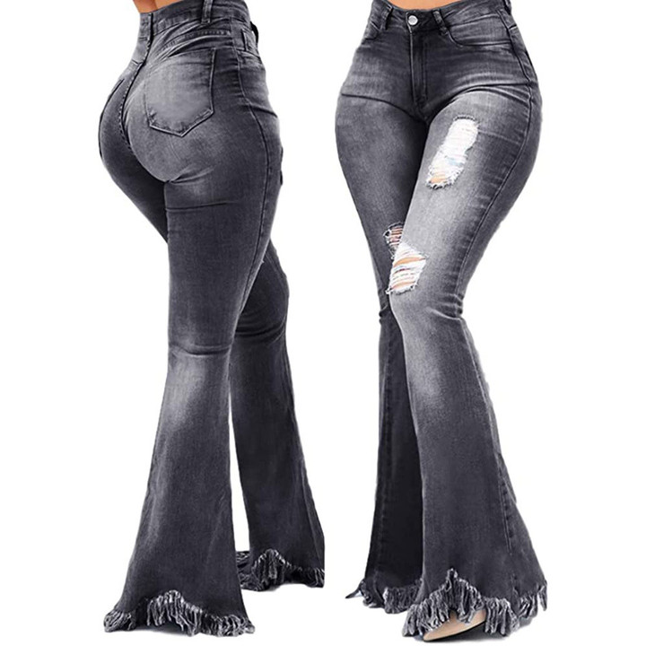 Fashionable All-match Slim-fit Wide-leg Water Washed Hole Denim Bell-bottom Pants Jeans