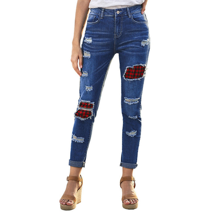 Jeans Women's Plaid Pattern With Pockets Ripped Distressed Cropped Pants Women