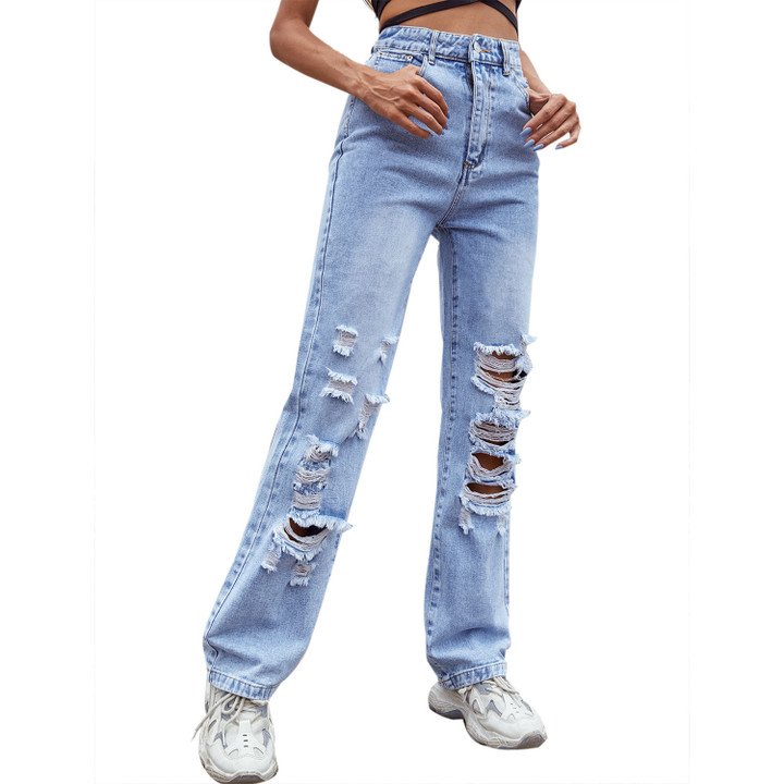 Fashionable Denim Trousers Women's Clothing Fashion Ripped Straight Slimming Jeans