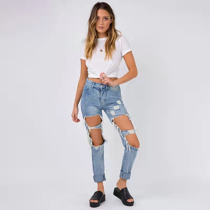 Hand Frayed Mid-waist Light Color Trousers Women's Clothing Urban Casual Straight-leg Washed Jeans