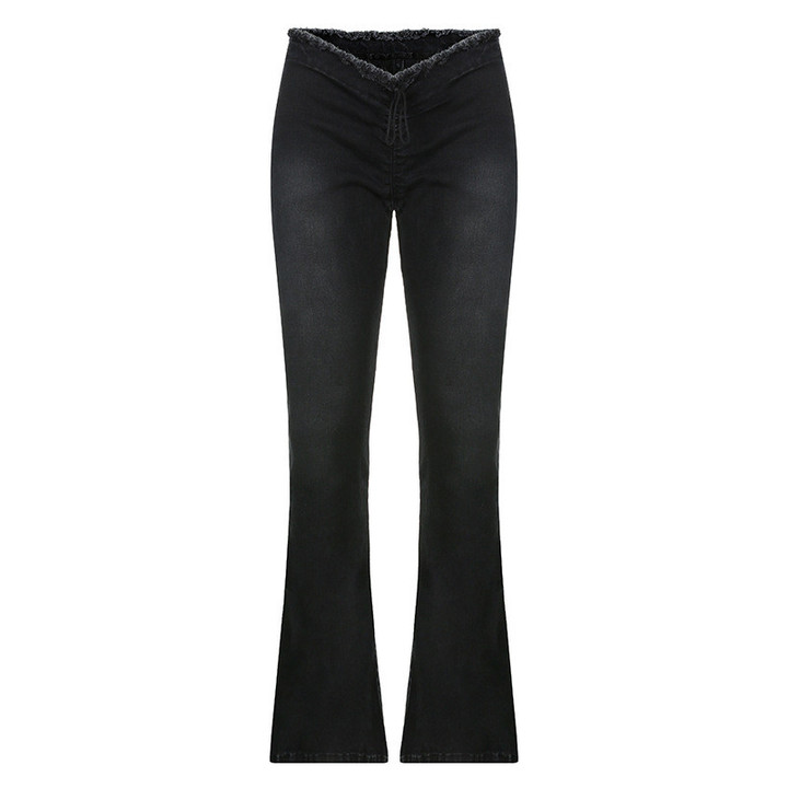 Winter Women's Pants Pure Color Tied V-neck Lace Up Slim Fit Slimming Denim Trousers Jeans