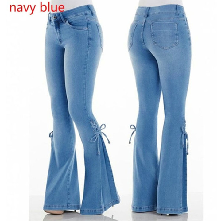 Women's Jeans Mid-waist Lace-up Denim Pants Stretch