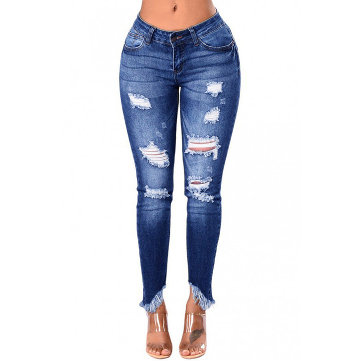 Jeans Women's High Waist Slim Ripped Fringe Skinny Pants