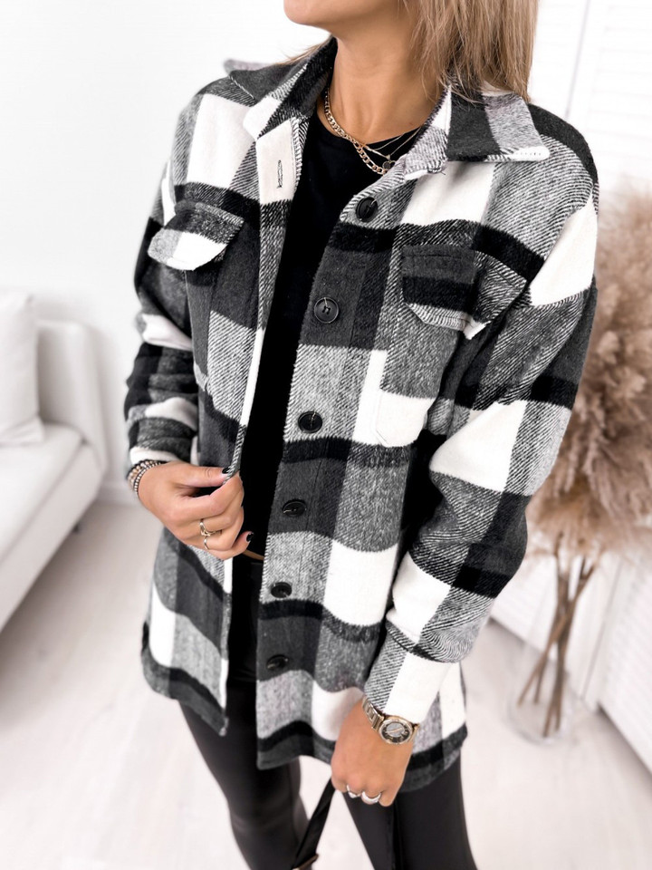 Long Sleeve Single-breasted Plaid Printed Blouse Collar Woolen Coat